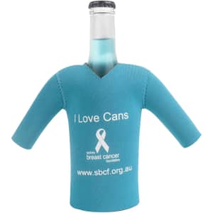 A drink bottle cooler in teal resembling a cricket jersey, featuring short sleeves and a logo.