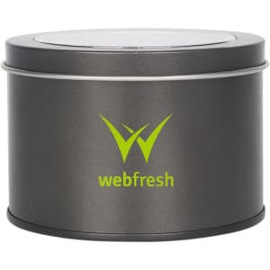 A medium grey tin can with a transparent window, featuring a logo on the side.