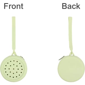 A round silicone pouch in light green, featuring perforations on one side and a smooth back, with a wrist strap.