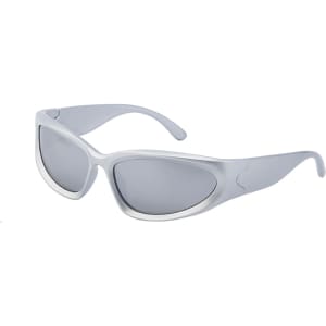 Wraparound sunglasses in a light grey frame with dark lenses; features a logo on the side.