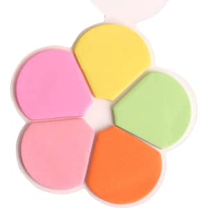 A flower-shaped sticky note set featuring pink, yellow, green, orange, and peach coloured pads. Includes a branding logo.