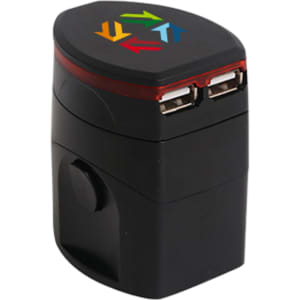 A black travel adapter with light-up features and two USB ports, featuring a multi-directional arrow design.