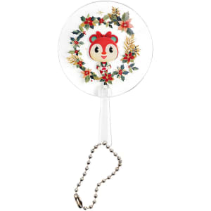 A mini PVC hand fan with a cute character design and floral wreath, attached to a chain keychain.