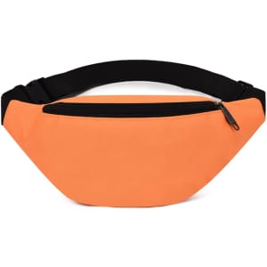 An orange bum bag with a black adjustable strap and a front zippered pocket. The bag has a simple design.