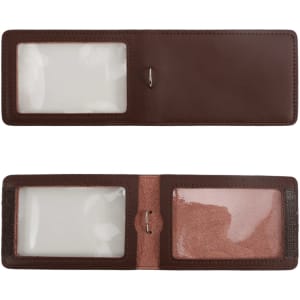 A brown PU leather ID card holder featuring two transparent pockets for cards. It includes a sleek design and stitching detail.