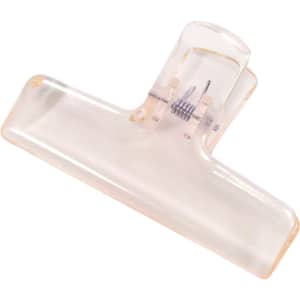 A translucent plastic clip in a clear colour, featuring a metal spring mechanism for gripping.