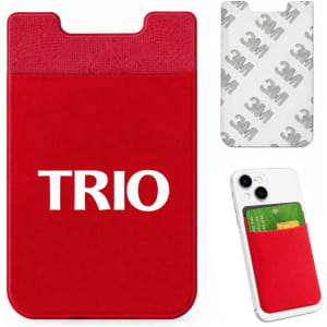 A red Lycra Smart Wallet featuring a smooth front and a 3M adhesive back, designed for attaching to phones.