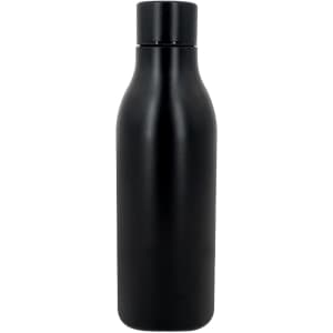 A drink bottle in matte black finish, featuring a sleek design and a screw-on lid, with branding visible.