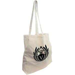 A cream-coloured long handle calico bag with a gusset, featuring a logo on one side.