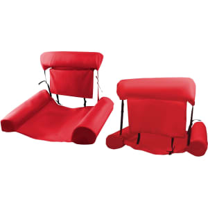 A red inflatable floating chair features a backrest and armrests, designed for leisure and outdoor use.