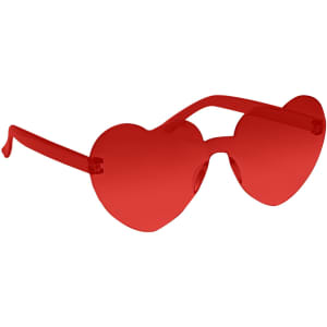 Red heart-shaped party glasses with transparent frames and tinted lenses. Features a logo on the side.