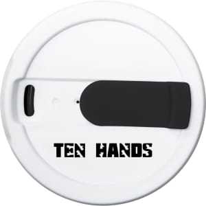 A drink lid for a collapsible silicone coffee cup in white with a black closure, featuring a logo.
