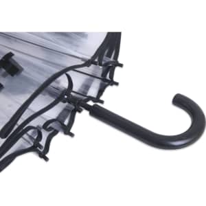 A transparent eight-panel umbrella with a black handle and supports. Features a sleek, modern design.