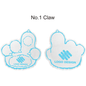 A pair of paw-shaped foam mitts in white with blue outlines and a logo design.