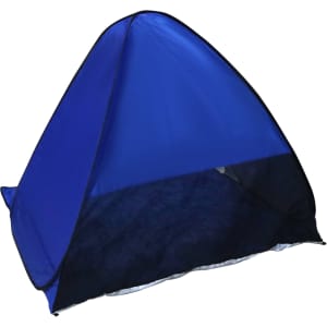 A blue pop-up beach tent with a mesh front and a solid base, featuring a lightweight design.