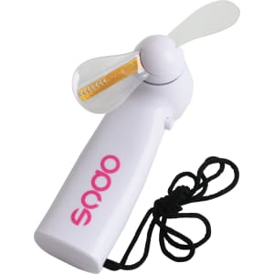 A white handheld fan with a cord, featuring a logo and LED lights on the blades.