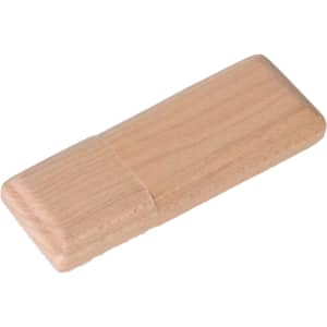 A wooden flash drive in a rectangular shape, featuring a natural wood finish and a simple design.