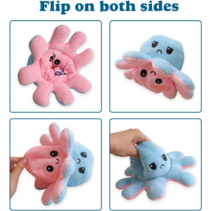 A large reversible plush toy featuring a pink and blue octopus design, displaying different facial expressions on each side.