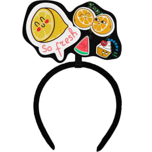 A black headband featuring playful fruit-themed designs and emojis, including a smiling lemon and orange slices.