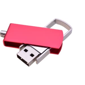 A red swivel flash drive with a metallic silver swivel mechanism and a USB connector. It features a logo on the body.