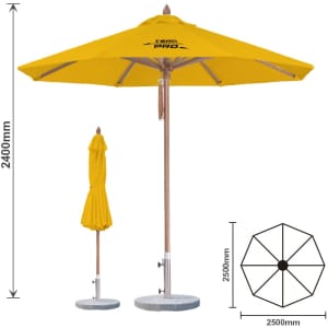 A yellow wind-resistant outdoor umbrella with an octagonal design and a wooden pole, featuring a matching cover.