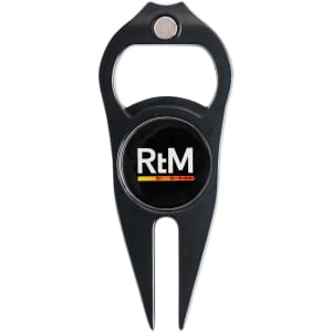 A black golf divot tool featuring a ball marker and bottle opener, with a logo in the centre.
