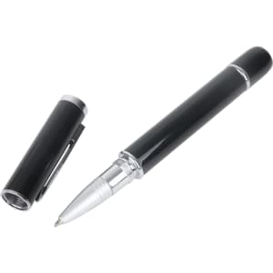 A sleek black USB memory pen with a chrome accent and cap removed, showcasing its stylish design.