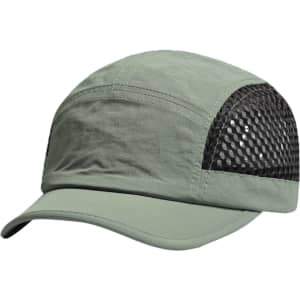 A short brimmed running cap in olive green with a black mesh side panel and a logo.