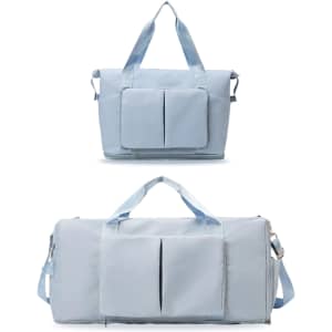 A light blue foldable sports duffle bag with two front pockets and dual handles. It features a detachable shoulder strap.