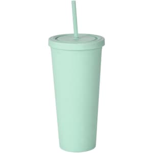 A mint green 24oz matte plastic cup with a lid and straw, featuring a branding logo.
