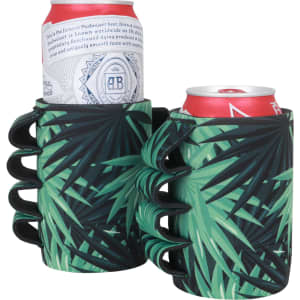 A drink bottle holder featuring palm leaf designs in green and black, designed to fit two cans.
