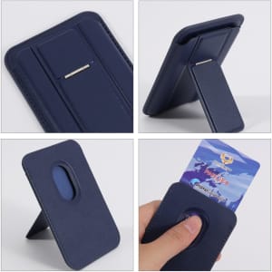 A navy PU magnetic card holder featuring a phone stand and a slot for a card, with a minimalistic design.
