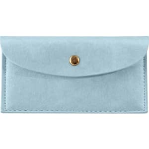 A light blue PU leather glasses pouch with a gold snap button closure and stitched detailing. It has a logo.