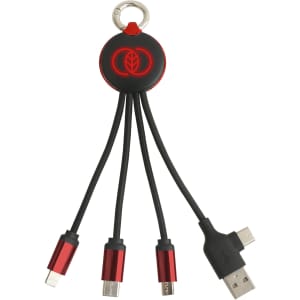 A round-shaped, light-up multi charging cable in black and red, featuring multiple connectors and a keyring attachment.