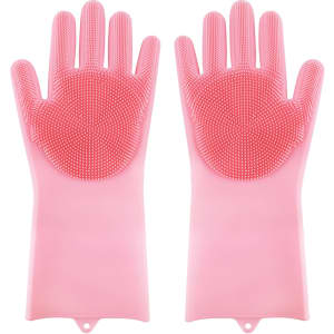 A pair of pink silicone gloves with textured palms for cleaning, featuring a smooth cuff and finger design.