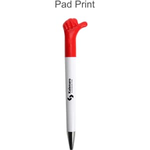A pen with a red thumb-shaped top and a white barrel, featuring a logo on the side.
