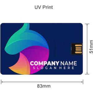 A credit card-sized Type-C flash drive with a vibrant design and a logo, featuring dimensions of 83mm x 51mm.