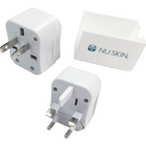 A travel adapter set in white, featuring two types of plugs and a storage case with a logo.