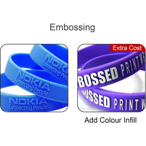Two silicone key rings in blue and purple, featuring embossed text. Both have distinct branding and colour options.