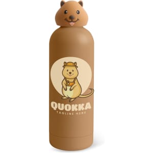 A drink bottle with a brown finish featuring a cute animal head and a cartoon design of a quokka on the body.