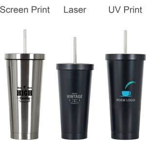 A drink bottle collection featuring stainless steel tumblers in metallic grey and dark blue with straws and branding.