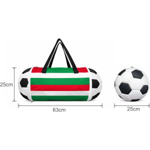 A foldable duffel bag in red, green, and white with black accents, beside a soccer ball. The bag features handles and a logo.