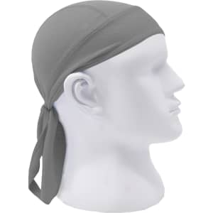 A grey cycling bandana hat displayed on a mannequin head, featuring a tied back design and a breathable fabric.