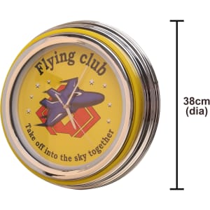 A round yellow wall clock with a silver rim, featuring a plane graphic and a flying club theme.