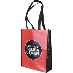 A red and black laminated non-woven bag with a large gusset and a logo on the front.