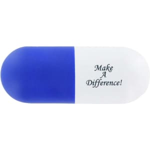 A capsule-shaped stress reliever in blue and white, featuring a logo and an inspirational phrase.