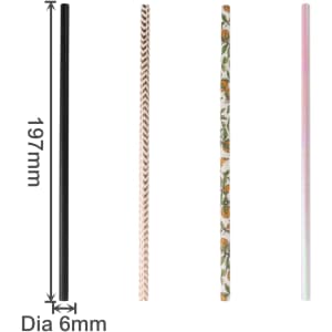 Four disposable 3-ply straight drinking paper straws in various designs: black, patterned, floral, and iridescent.