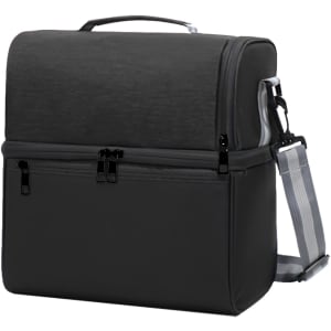 A two-compartment lunch bag in grey with a shoulder strap and carrying handle. Features zippers and a logo.