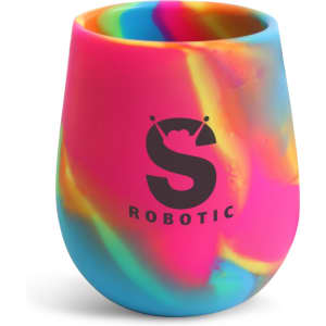A custom egg-shaped silicone cup in vibrant pink, blue, and yellow with a logo on the side.