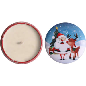 A tin candle set featuring festive designs with Santa and a reindeer, predominantly in red and white.